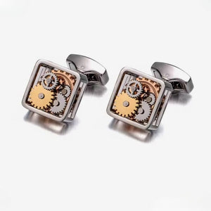 Silver T.M.J Steampunk Gear Cufflinks with intricate mechanical design, perfect for adding a vintage industrial touch to formal attire.