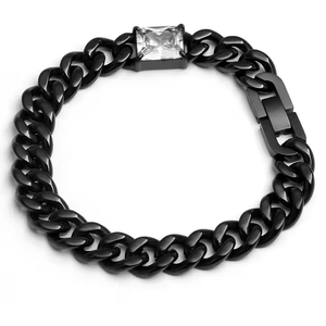 Black stainless steel Cuban link bracelet with zircon stones, stylish metal jewelry by T.M.J.