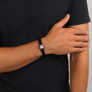 Black stainless steel Cuban link bracelet with zircon stones, stylish men's metal bracelet by T.M.J.