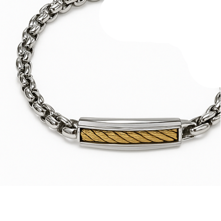 Stainless steel ID bracelet by T.M.J with gold twisted wire insert, featuring a sleek metal design and adjustable clasp.