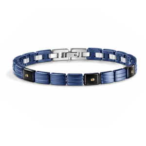 Stainless steel luxury handmade men's blue ceramic CZ stone bracelet featuring metal design and intricate craftsmanship.