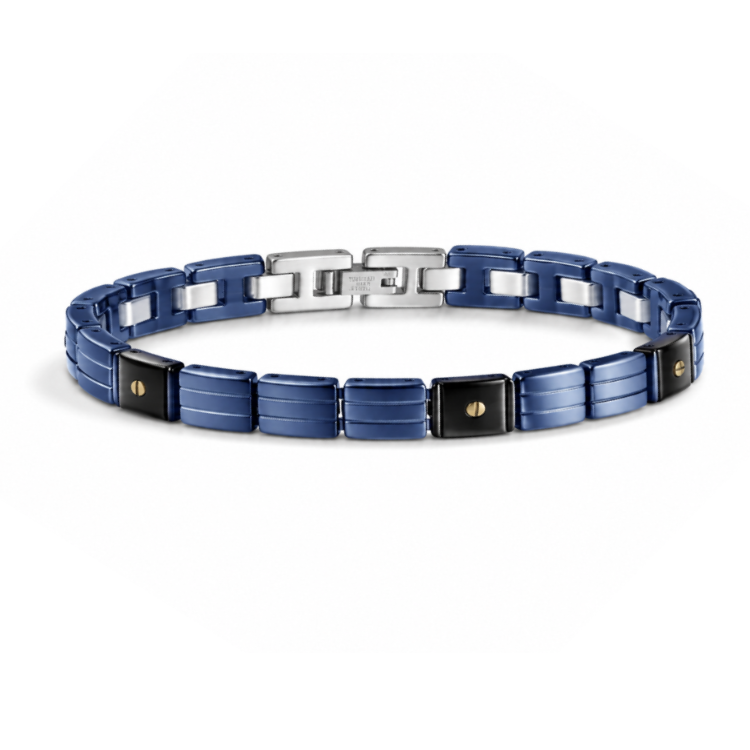 Stainless steel luxury handmade men's blue ceramic CZ stone bracelet featuring metal design and intricate craftsmanship.