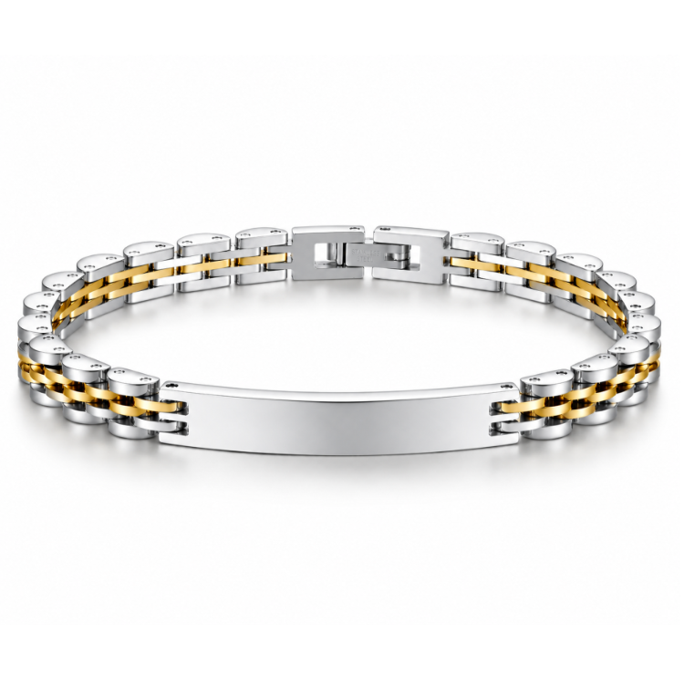 Gold stainless steel men's ID bracelet featuring handmade brick design by T.M.J, crafted in durable metal for a luxury look.