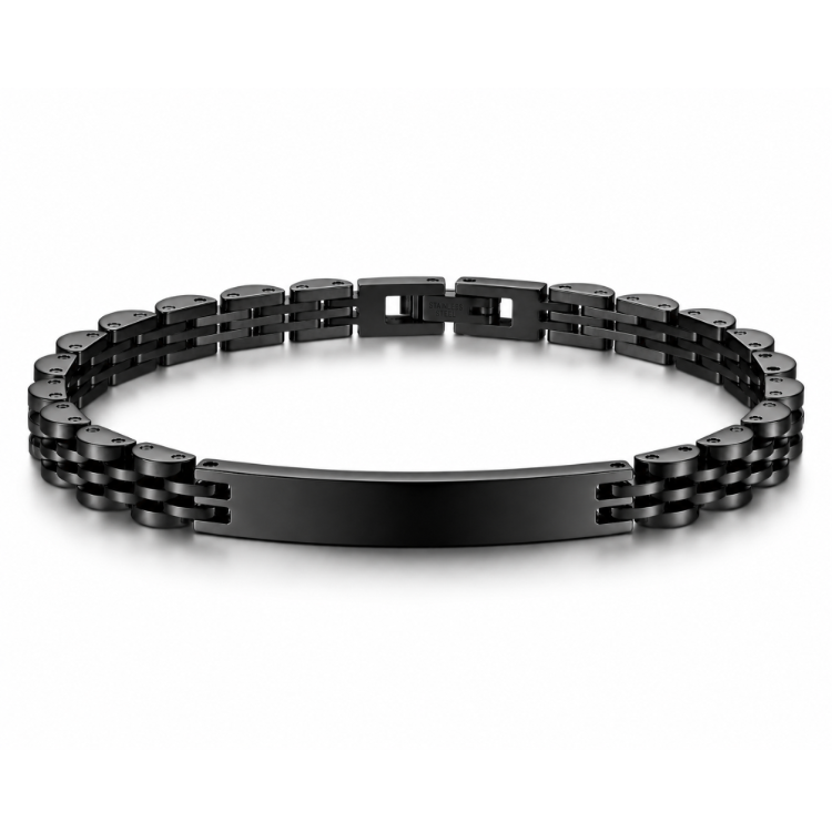 Gold stainless steel men's ID bracelet with a luxury brick design, handmade by T.M.J, featuring a sleek metal bracelet style.
