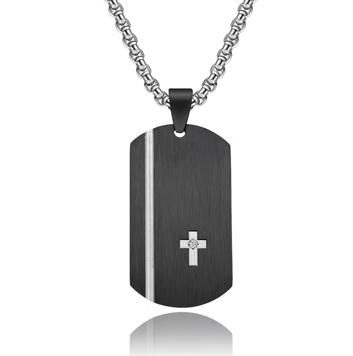 Black stainless steel cross tag pendant on matching chain, T.M.J jewelry, stylish and durable accessory for men or women.