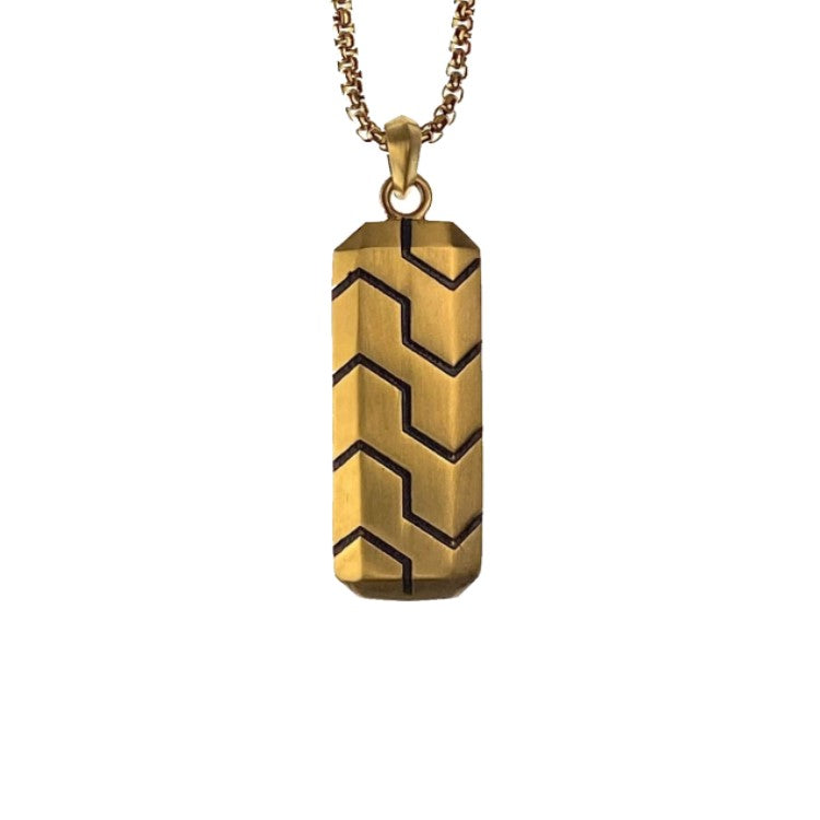Black IP plated stainless steel Shevron dog tag pendant with engraved design, by T.M.J, featuring a sleek, modern style.