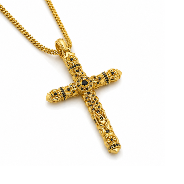 T.M.J Ambrose silver cross pendant with 18K gold PVD plating and black onyx stone, showcasing elegant religious jewelry design.