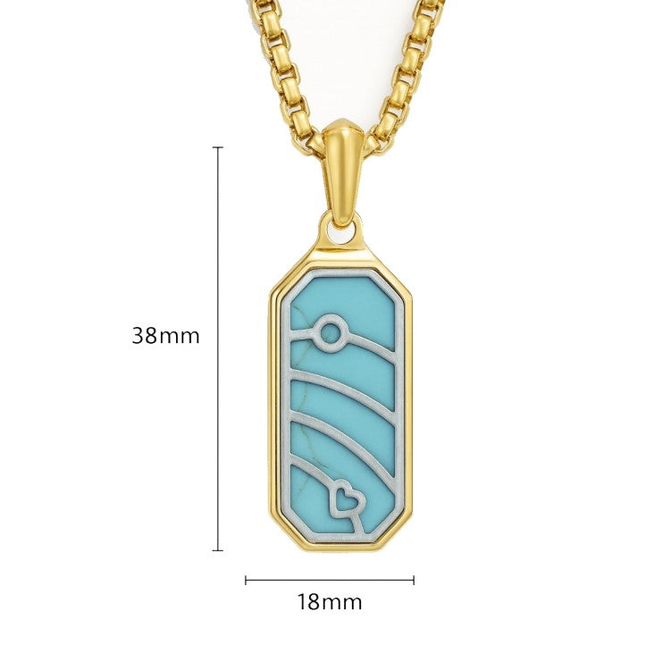 Aqua Crest turquoise pendant necklace with 18K gold-plated stainless steel chain from T.M.J, showcasing a vibrant turquoise stone pendant.