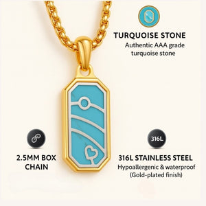 Aqua Crest turquoise pendant necklace on 18K gold-plated stainless steel chain, featuring a vibrant turquoise pendant from T.M.J.