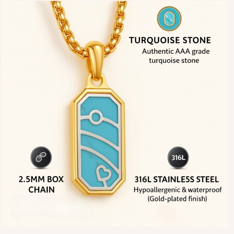 Aqua Crest turquoise pendant necklace on 18K gold-plated stainless steel chain, featuring a vibrant turquoise pendant from T.M.J.