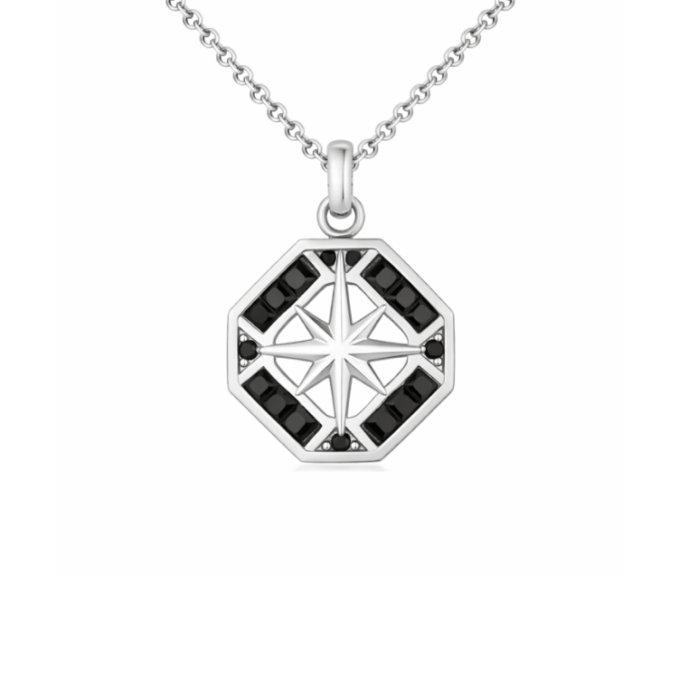 Sterling silver Astral Hex pendant with black cubic zirconia, featuring a geometric design by T.M.J.