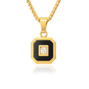 Aurex Onyx and Princess-Cut CZ stainless steel pendant with PVD plating, featuring a sleek and elegant design.