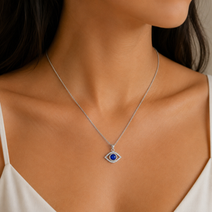 Blue Guardian Sterling Silver Evil Eye Pendant from T.M.J, showcasing a detailed evil eye design on a sterling silver pendant.