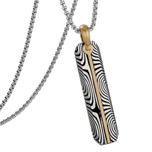 Damascus steel slim dog tag pendant with gold accent and chain, T.M.J brand, showcasing intricate steel pattern and sleek design.