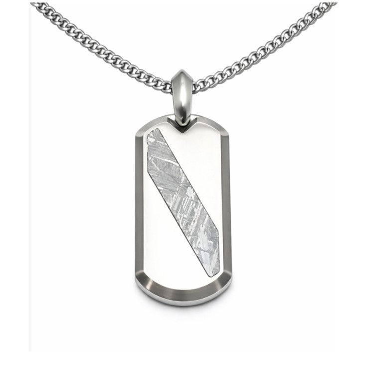 Gibeon meteorite and tungsten pendant by T.M.J, featuring a unique meteorite stone set in a sleek pendant design.