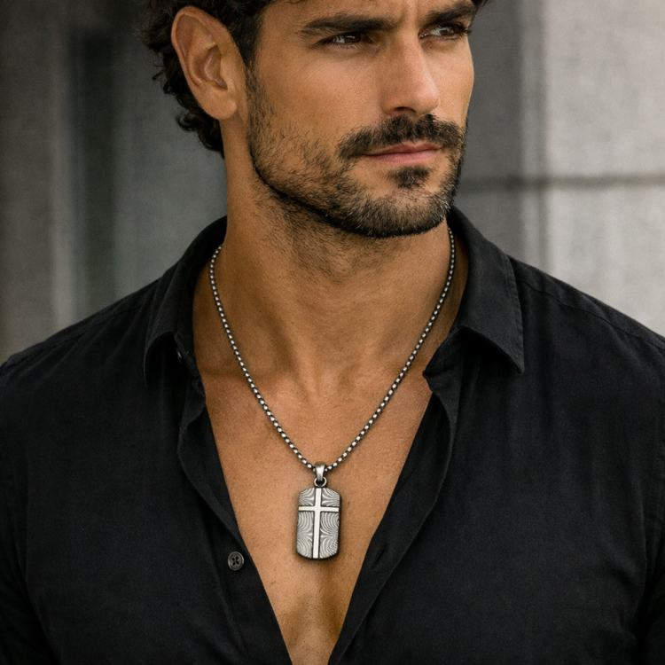 Men's Damascus stainless steel cross dog tag pendant, T.M.J brand, showcasing a detailed cross design on a sleek pendant.