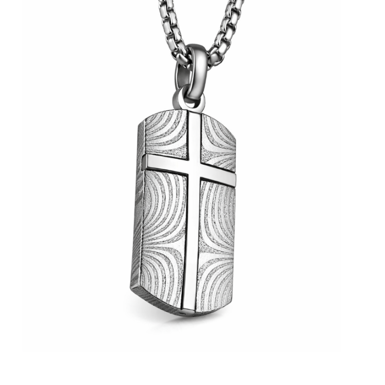 Men's Damascus stainless steel cross dog tag pendant with engraved design, stylish jewelry accessory.