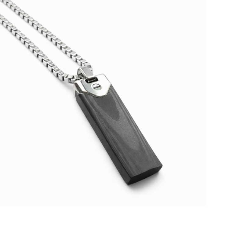 Men's stainless steel and carbon fiber dog tag pendant from T.M.J, featuring a sleek, modern design with a polished finish.