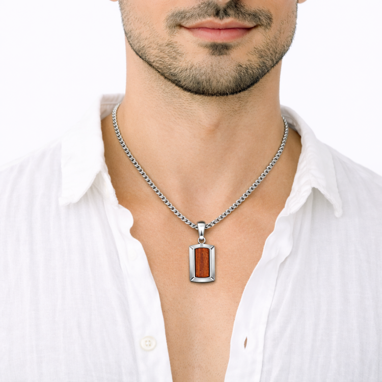 Men’s stainless steel pendant with Bubinga wood inlay, featuring a sleek design and polished finish from T.M.J.