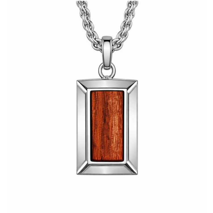 Men’s stainless steel pendant with Bubinga wood inlay, featuring a sleek design and polished finish.