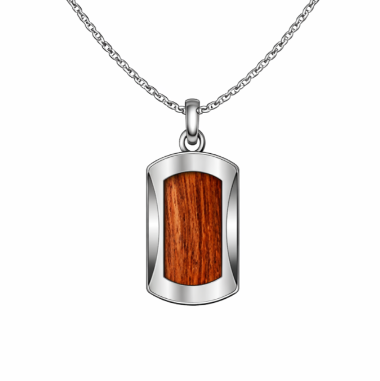 Men’s stainless steel pendant with Bubinga wood inlay, featuring a sleek design and polished finish.