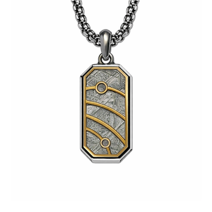 Muonionalusta meteorite pendant with stainless steel and gold-plated detail, featuring a sleek, modern pendant design.