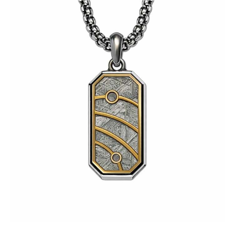 Muonionalusta meteorite pendant with stainless steel and gold-plated detail, featuring a sleek, modern pendant design.