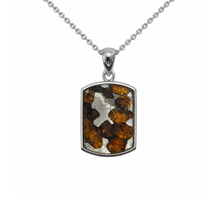 Sterling silver pendant with pallasite meteorite and green olivine crystal inclusions, featuring a unique, natural gemstone design.