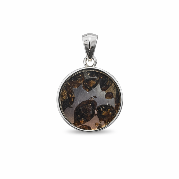 Sterling silver Pallasite meteorite pendant with green olivine crystal inclusions, featuring a sleek and modern pendant design.