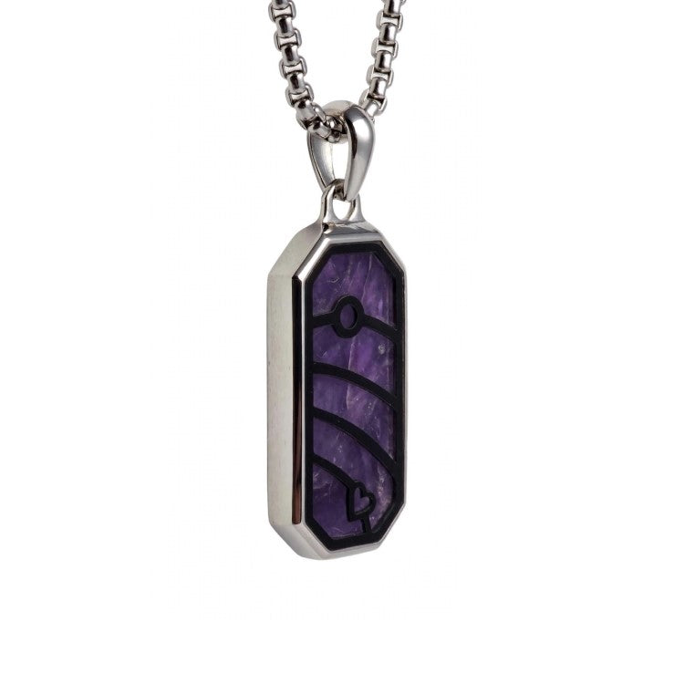 T.M.J Quantum Trace Amethyst inlay pendant necklace with stainless steel chain, featuring a polished amethyst stone.