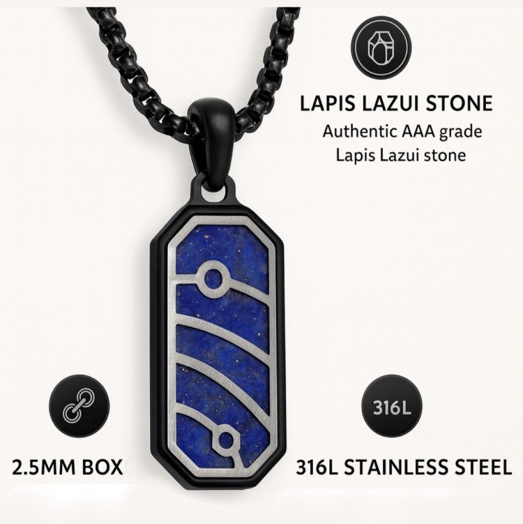 Quantum Trace Lapis Lazuli pendant necklace with black PVD plated stainless steel chain, featuring a deep blue lapis lazuli stone.