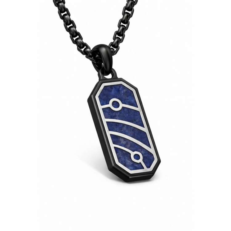 Quantum Trace Lapis Lazuli pendant necklace with black PVD plated stainless steel chain, featuring a deep blue gemstone pendant.