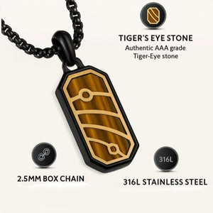 Yellow Tiger Eye pendant necklace with black PVD plated stainless steel chain, featuring a polished, eye-catching pendant from T.M.J.