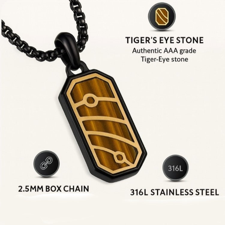 Yellow Tiger Eye pendant necklace with black PVD plated stainless steel chain, featuring a polished, eye-catching pendant from T.M.J.