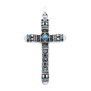 Silver Cross pendant by T.M.J featuring turquoise accents and engraved double-sided design, showcasing detailed craftsmanship.