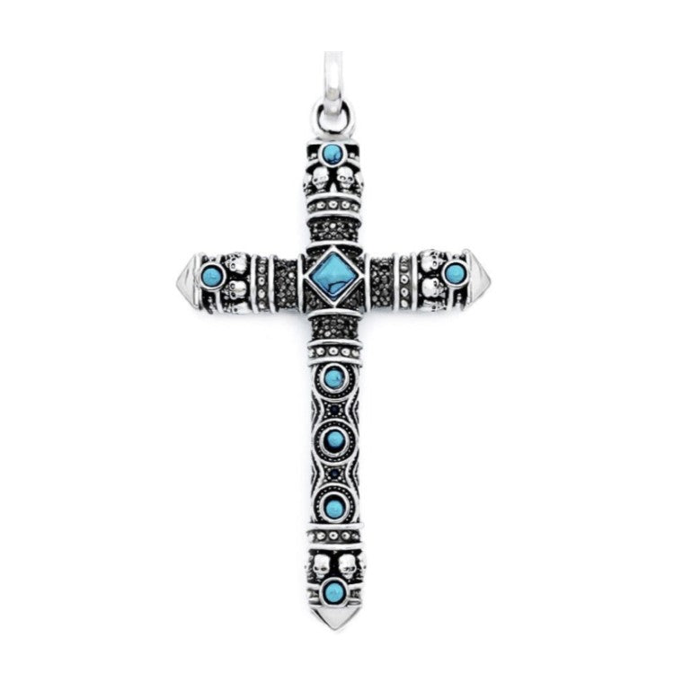 Silver Cross pendant by T.M.J featuring turquoise accents and engraved double-sided design, showcasing detailed craftsmanship.