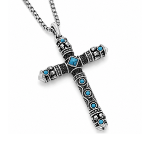 Silver Cross pendant by T.M.J with turquoise accents and engraved double-sided design, showcasing detailed craftsmanship.
