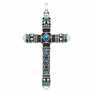 Silver Cross pendant with turquoise accents and engraved detail, double-sided design by T.M.J.