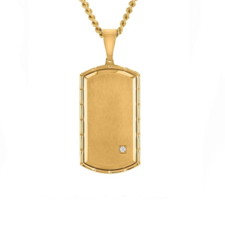 Silver or gold dog tag pendant with a single zirconium stone, T.M.J brand, showcasing a sleek, modern jewelry design.