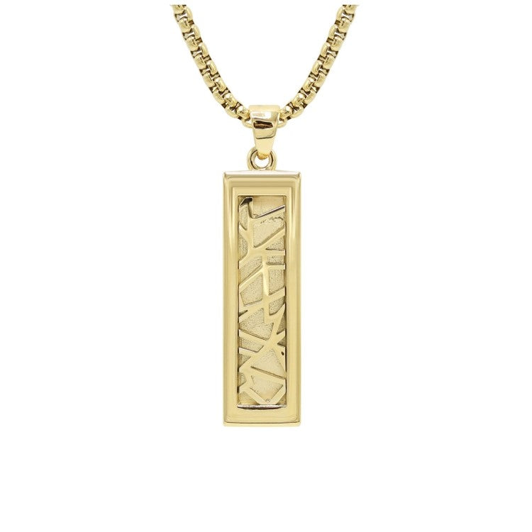 Stainless steel and gold geometric pendant by T.M.J, featuring modern design and sleek metallic finish.