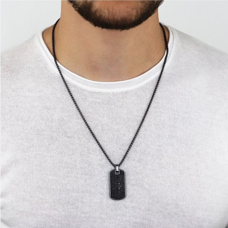 Stainless steel black IP cubic zirconia dog tag pendant with chain, T.M.J brand, featuring a sleek, modern design.