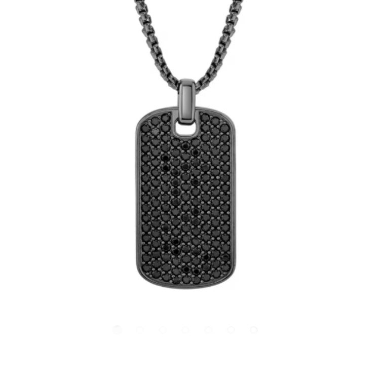 Stainless steel black IP cubic zirconia dog tag pendant with chain, T.M.J brand, showcasing a sleek, modern design.