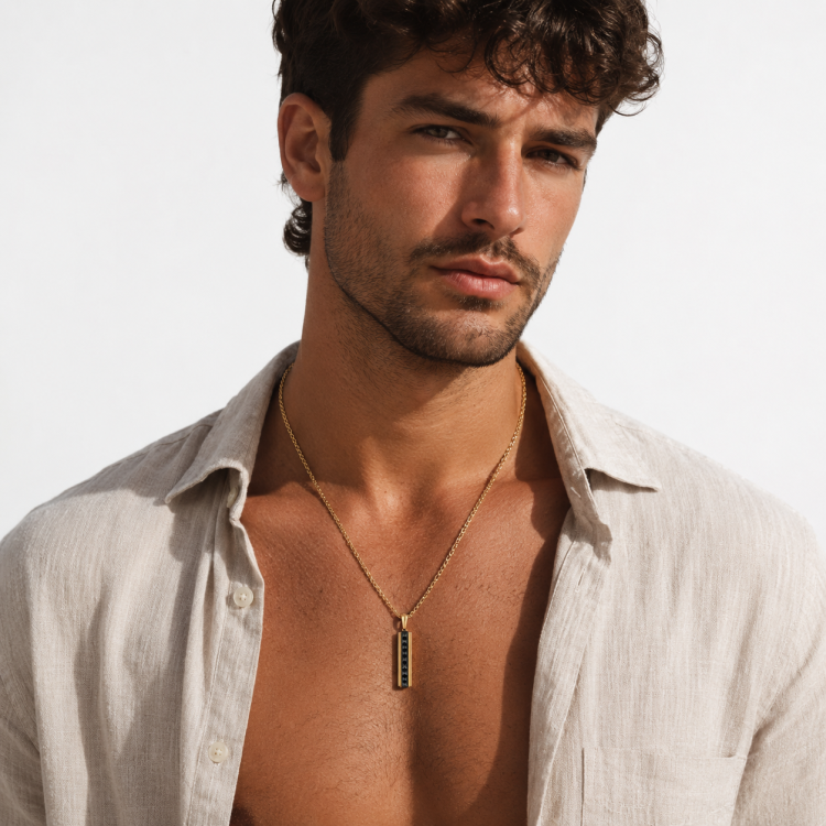 Stainless steel pendant with exotic stone pavé pyramid tag and black cubic zirconia accents, stylish jewelry by T.M.J.