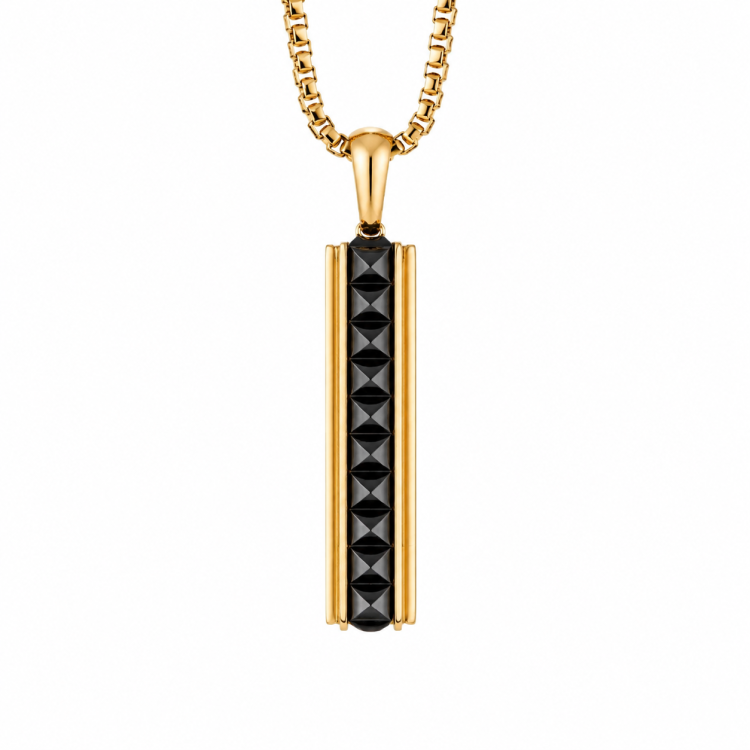 Stainless steel pyramid-shaped pendant with exotic stone and black cubic zirconia accents, designed by T.M.J.