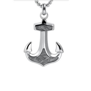 Stainless steel Gibeon meteorite anchor pendant with chain, T.M.J brand, featuring a textured meteorite surface and sleek silver finish.