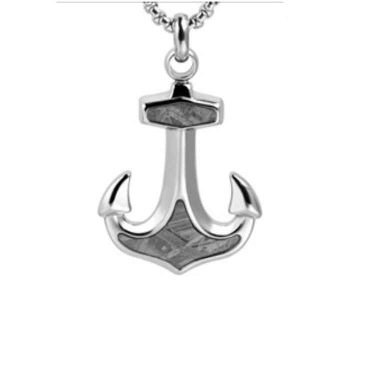 Stainless steel Gibeon meteorite anchor pendant with chain, T.M.J brand, featuring a textured meteorite surface and sleek silver finish.