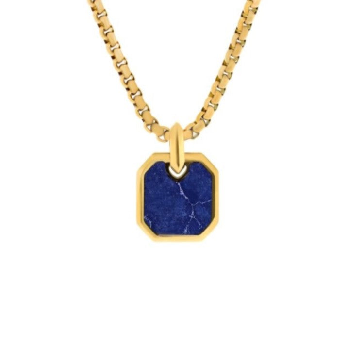 Stainless steel gold and lapis geometric pendant with chain, featuring a modern design, by T.M.J, on a white background.