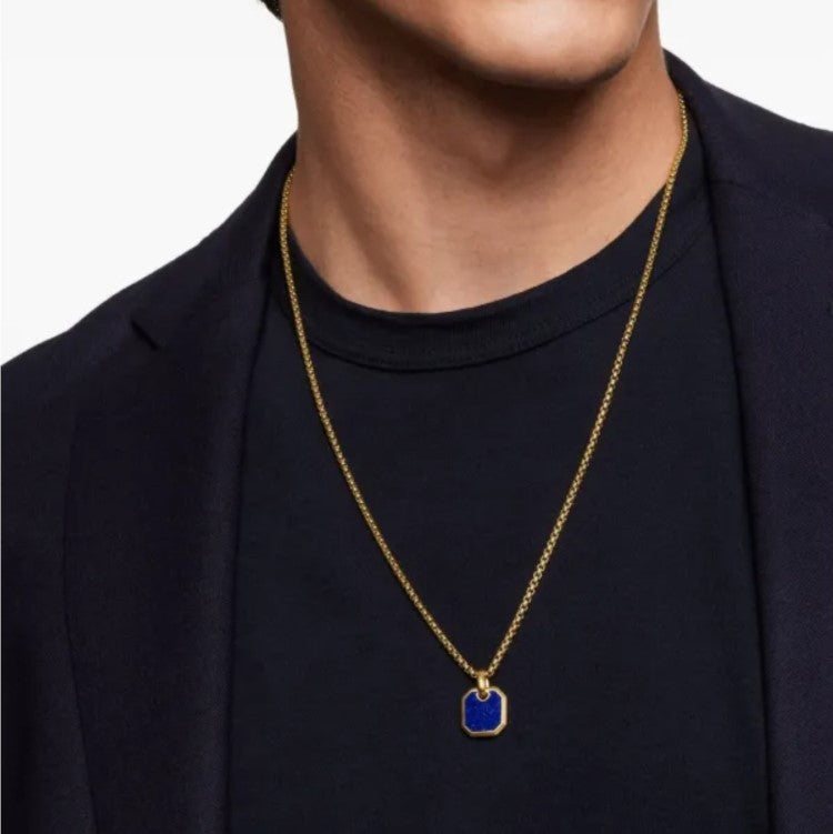 Stainless steel gold and lapis geometric pendant on chain, stylish T.M.J pendant featuring a modern design and vibrant blue lapis stone.