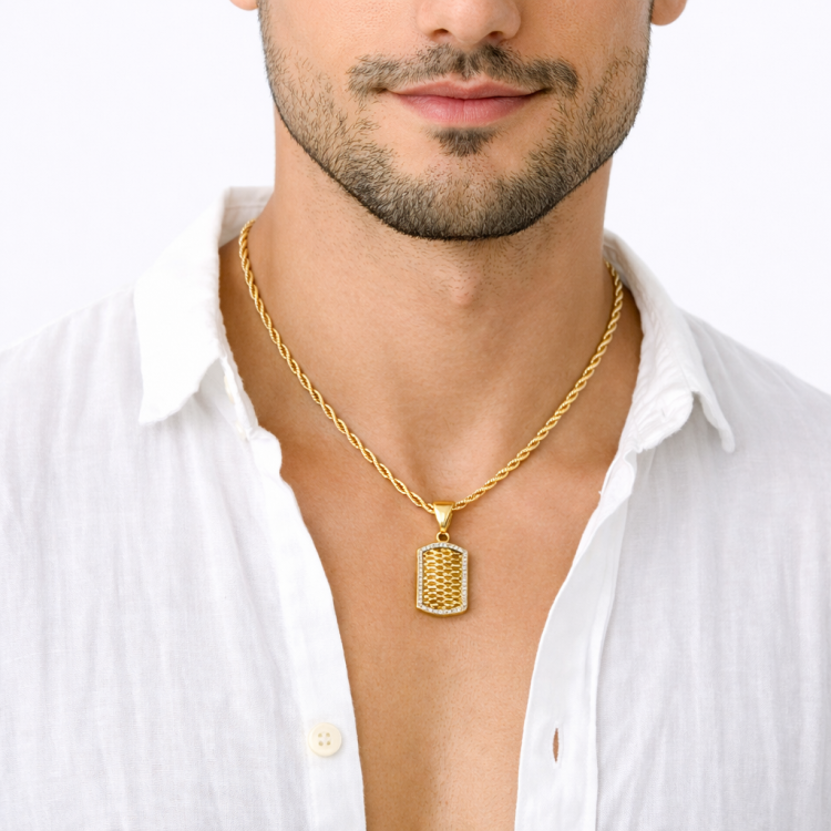 Stainless steel gold exotic stone pavé dog tag pendant with cubic zirconia accents, stylish T.M.J pendant jewelry.