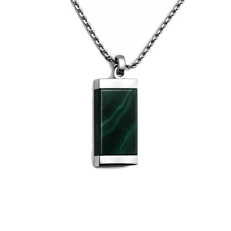 Stainless steel Moss Agate pendant with open link chain, featuring a polished moss green gemstone and sleek metal setting.
